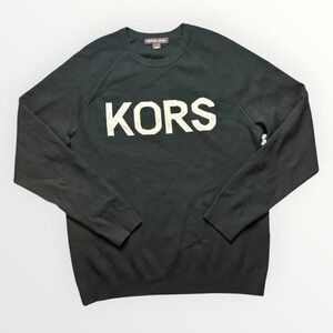 Michael Kors Womens Black Intarsia Logo Raglan Crewneck Sweater Large